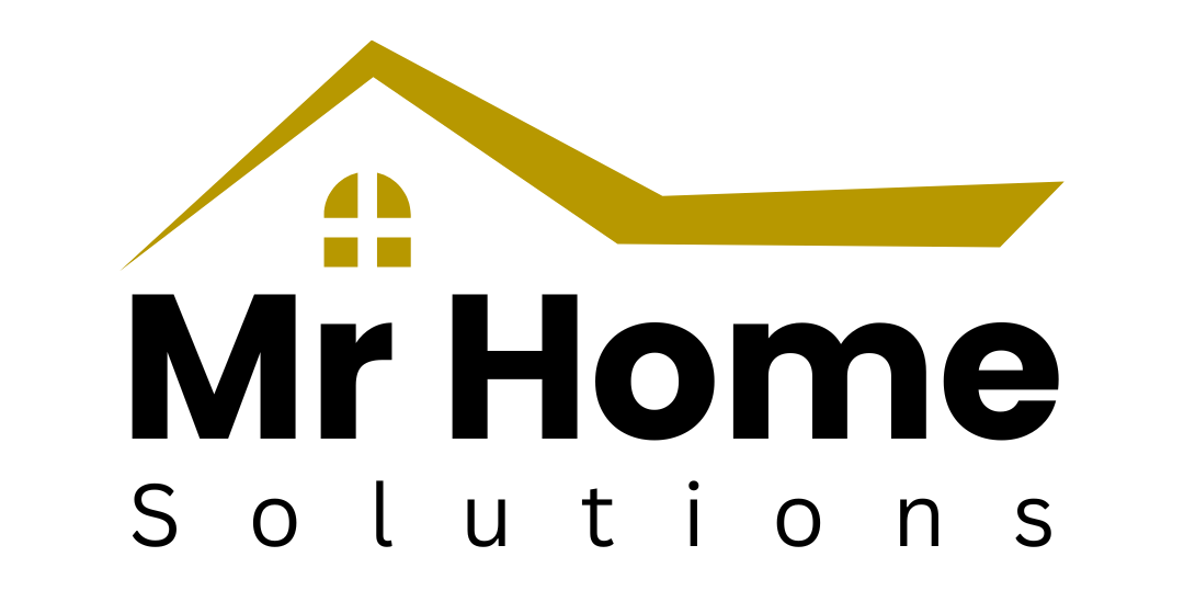 Logo: Gold house outline above "Mr Home Solutions" in black.
