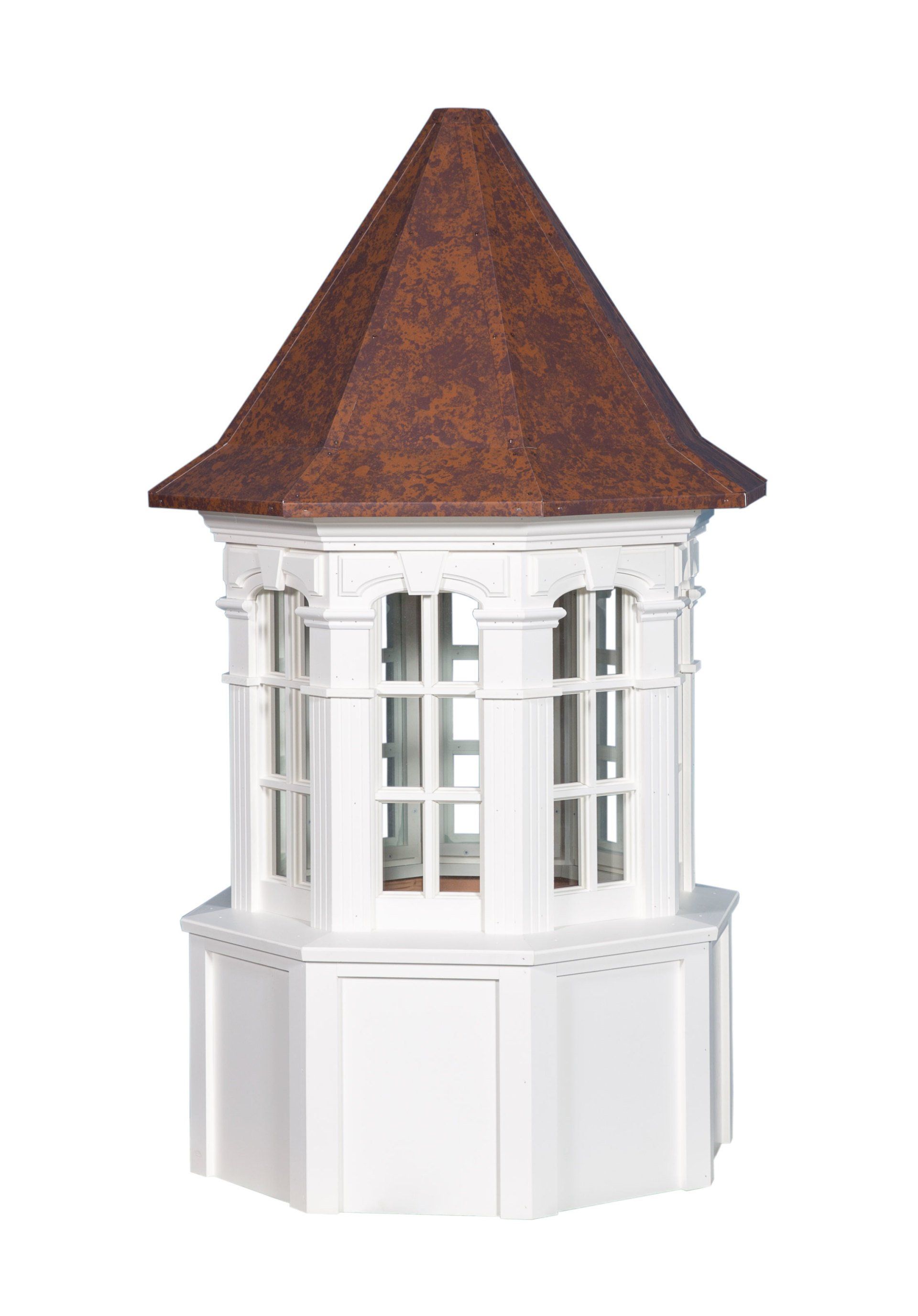 A white gazebo with a brown roof on a white background