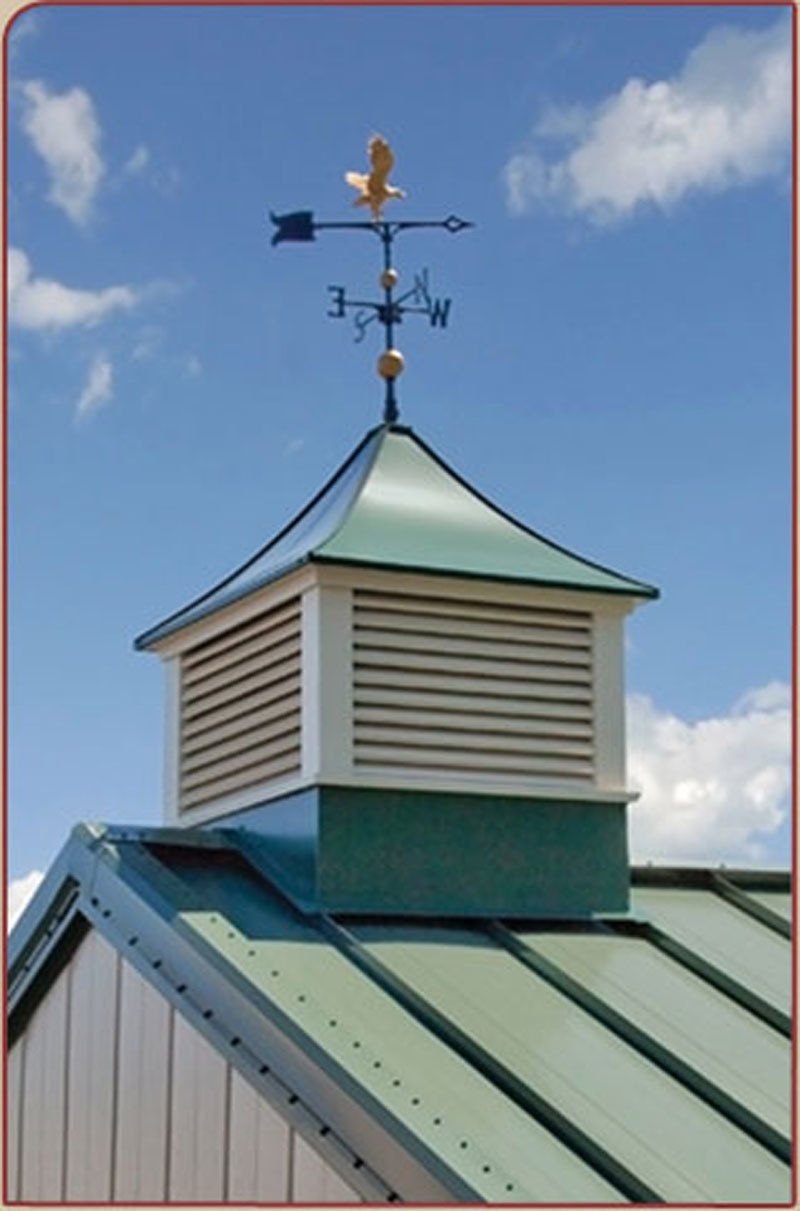 A weather vane on top of a green roof shows the direction of the wind