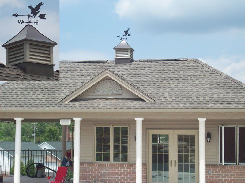 A house with a weather vane on top of it