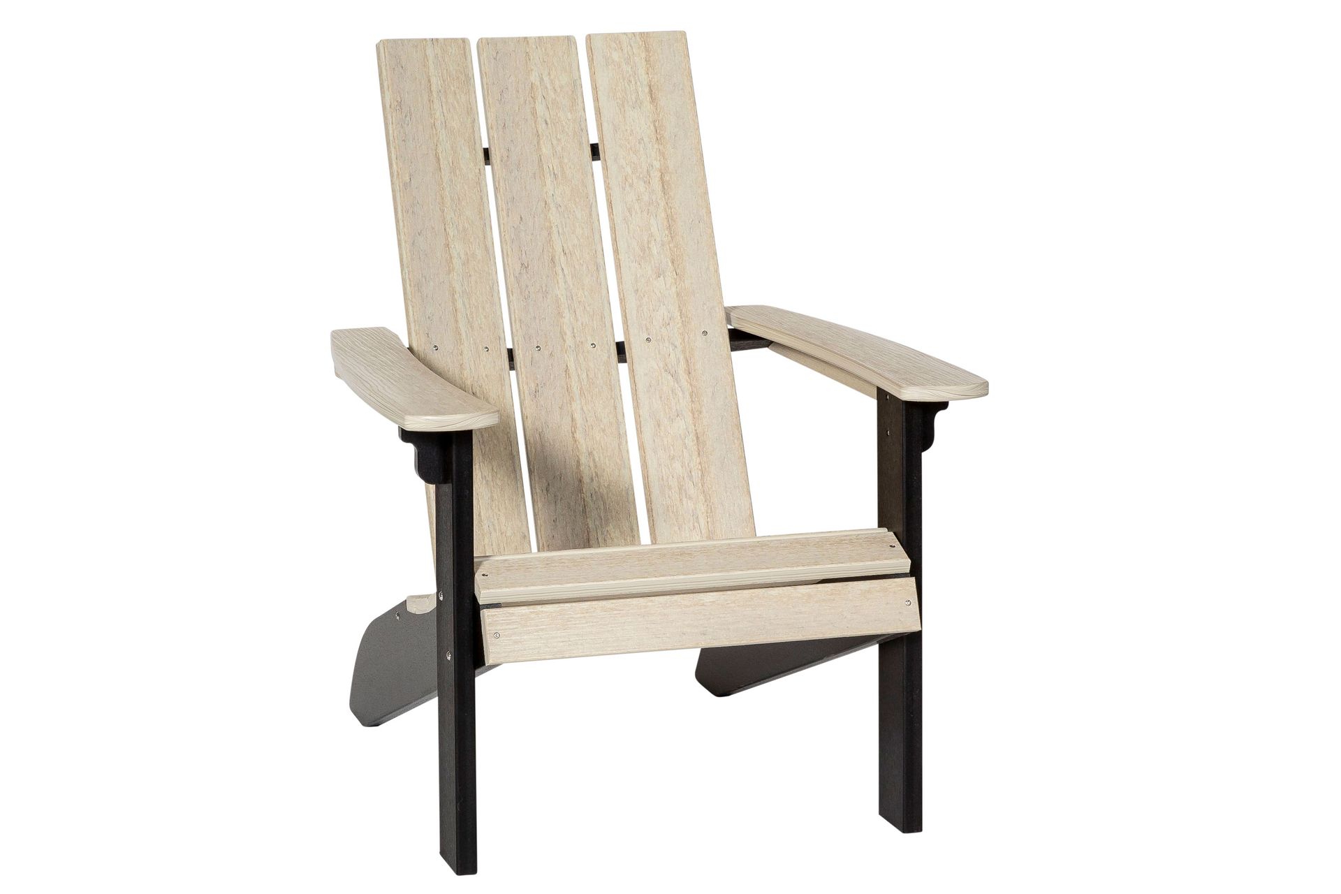 A white wooden chair with black legs on a white background.