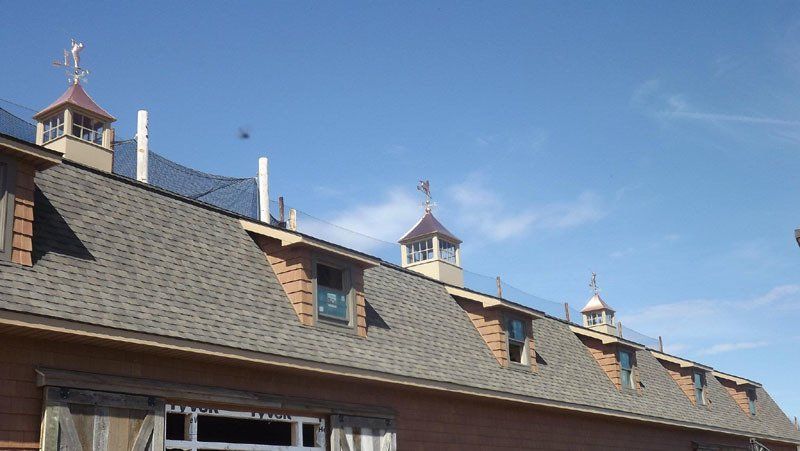 A roof of a building with a blue sky in the background