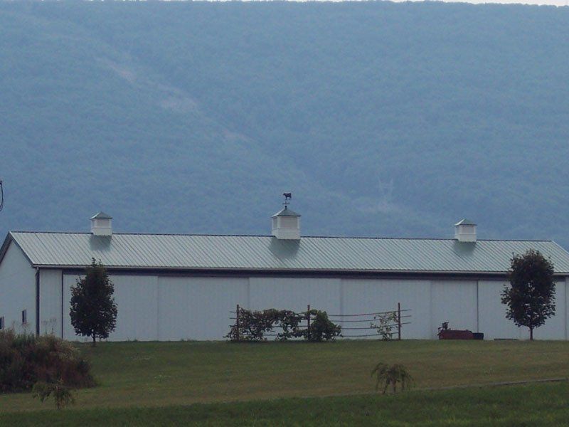 A large white barn is in the middle of a grassy field with mountains in the background