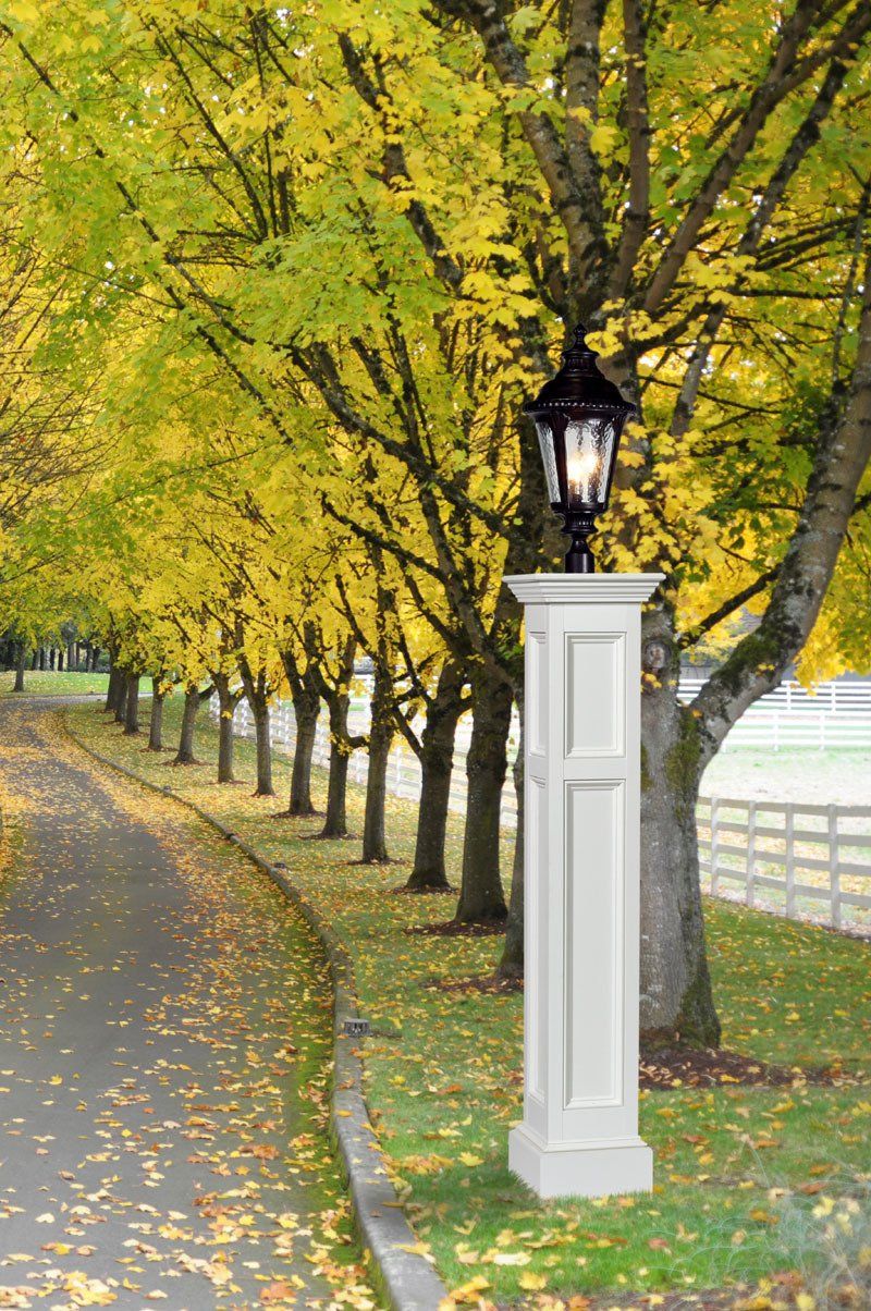 A row of trees with yellow leaves along a road with a lamp post in the foreground.