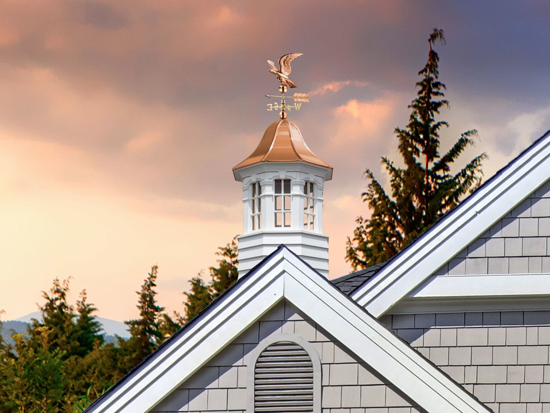 A weather vane on top of a building with trees in the background