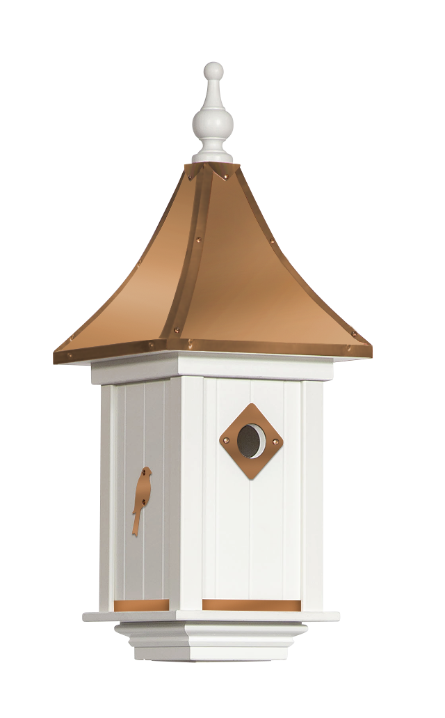 A white birdhouse with a brown roof and a bird in it.