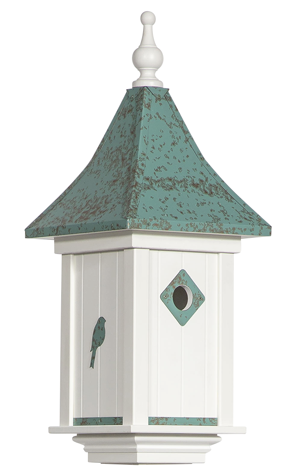 A white birdhouse with a brown roof and a bird in it.