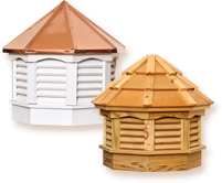 a copper roof and a wooden roof are sitting next to each other on a white background .