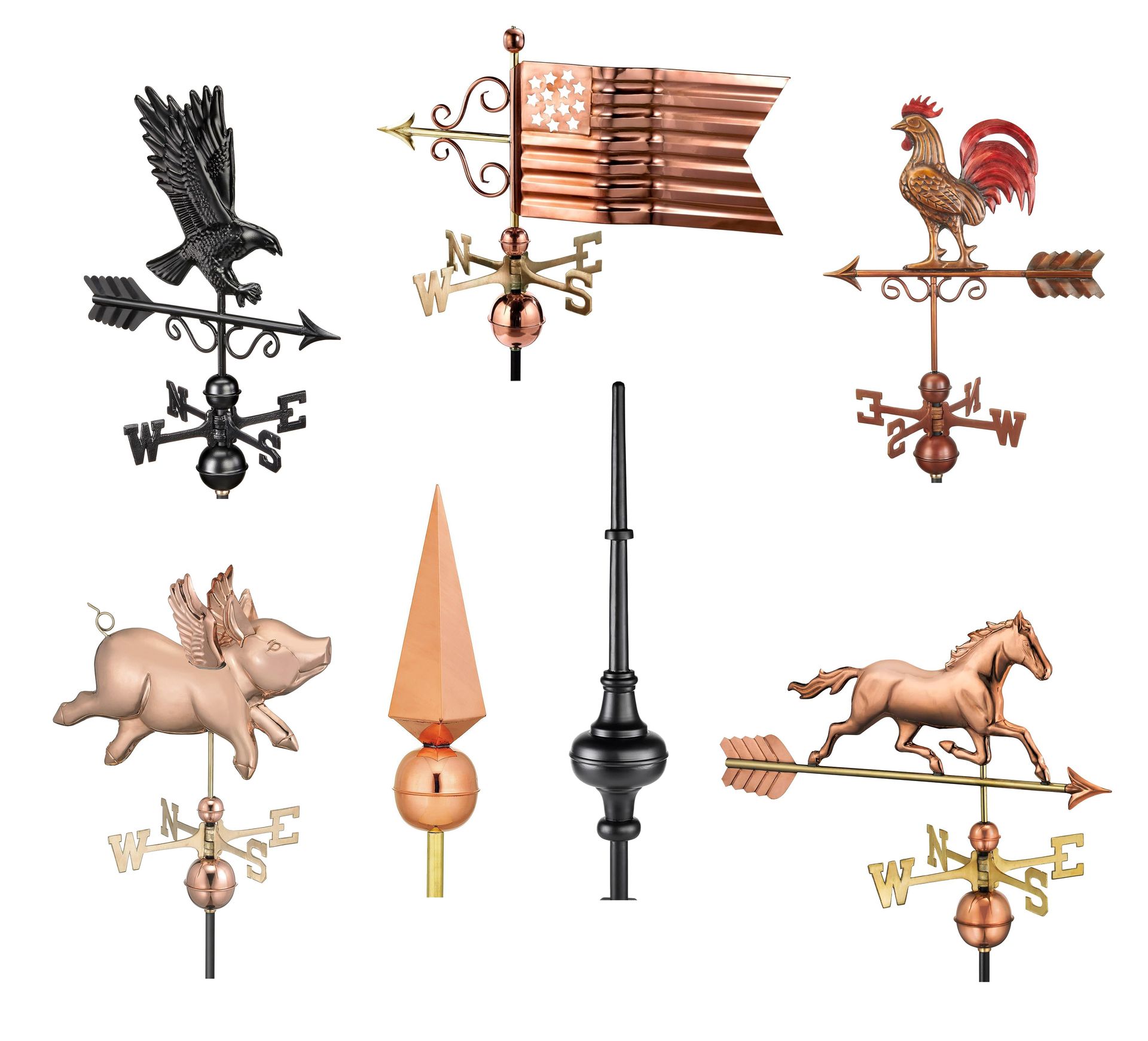 A bunch of weather vanes on a white background