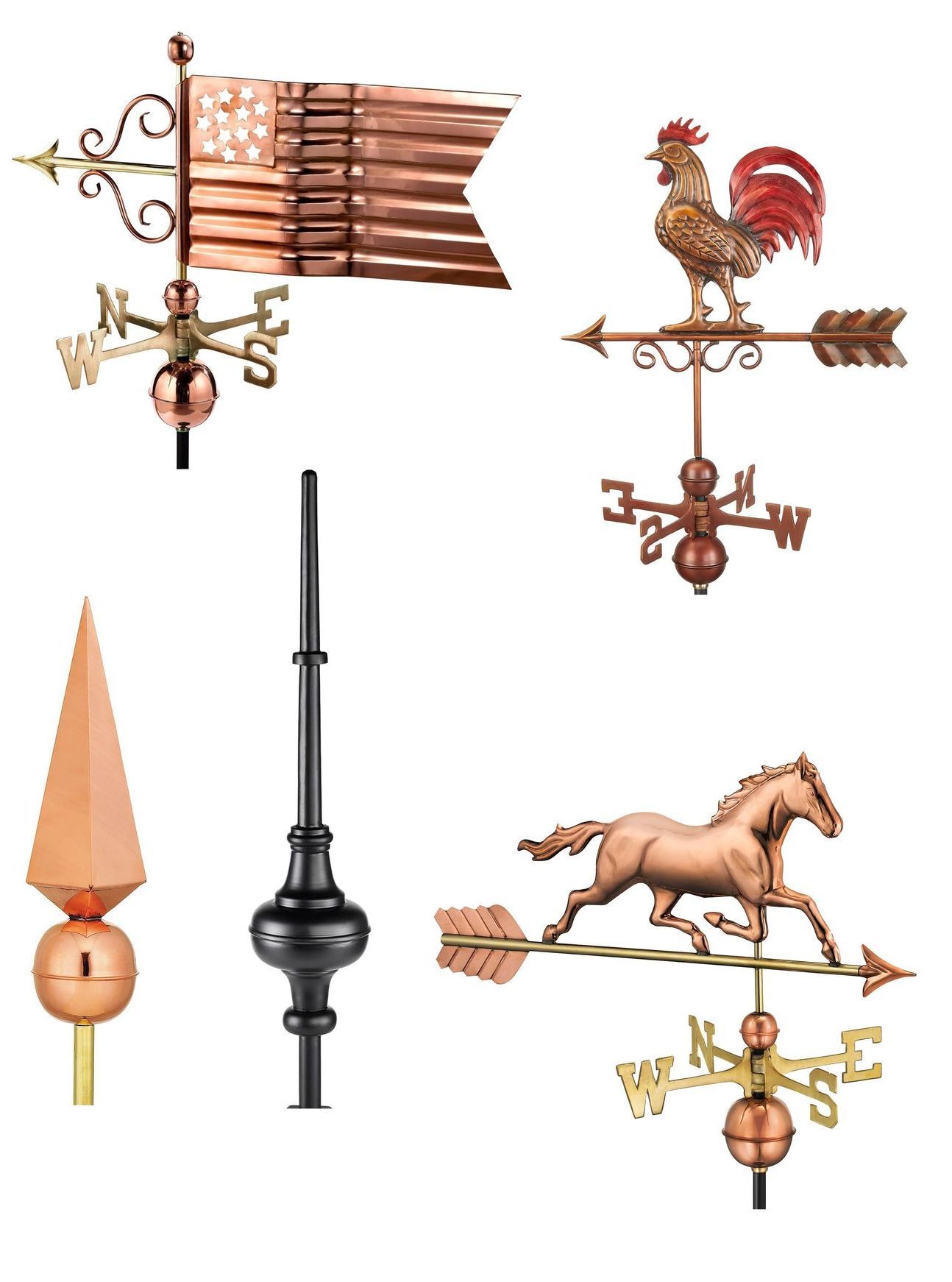 A group of weather vanes with a rooster and a horse on them.