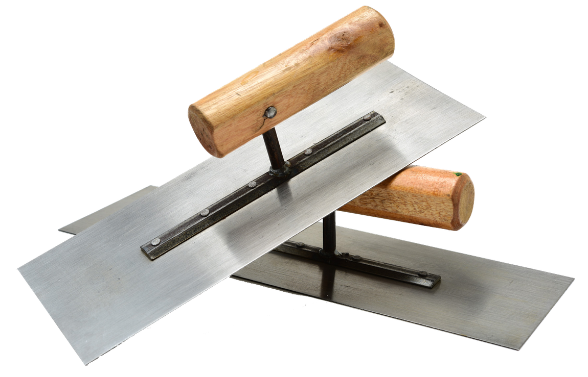 Two trowel with wooden handles are stacked on top of each other