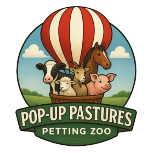 Pop-up Pastures logo, animals in a hot air balloon | mobile petting zoo arkansas