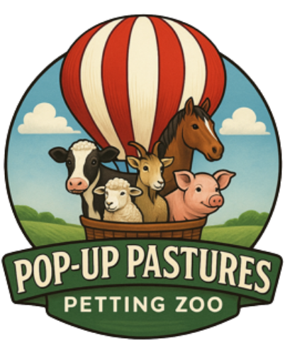 Pop-up Pastures logo, animals in a hot air balloon | traveling petting zoo