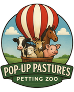 Pop-up Pastures logo, animals in a hot air balloon | petting zoo rental