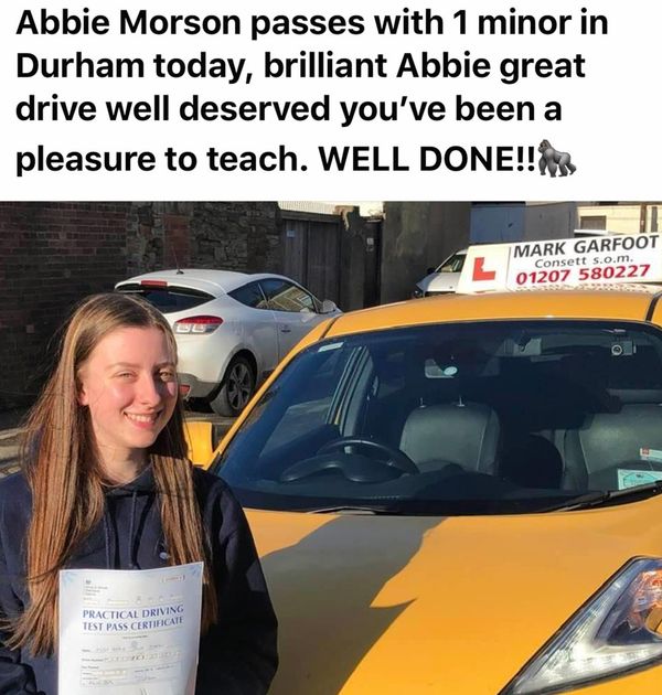 Student passes her driving test with Mark Garfoot School of Motoring having taken her test in Durham