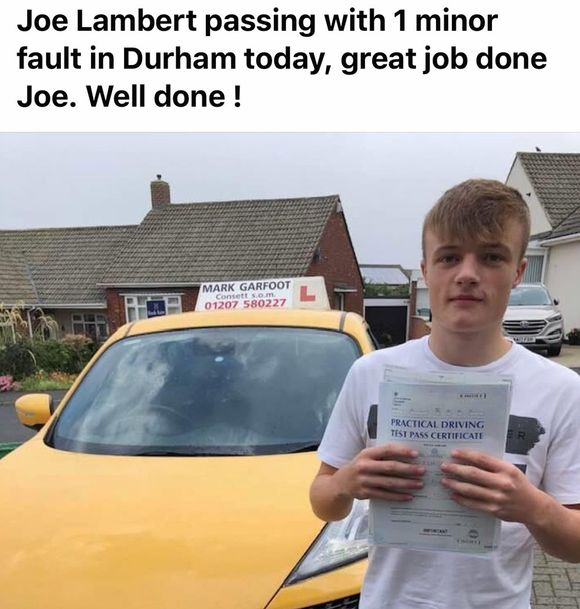 Joe, passed his driving practical test through Mark Garfoot School of Motoring