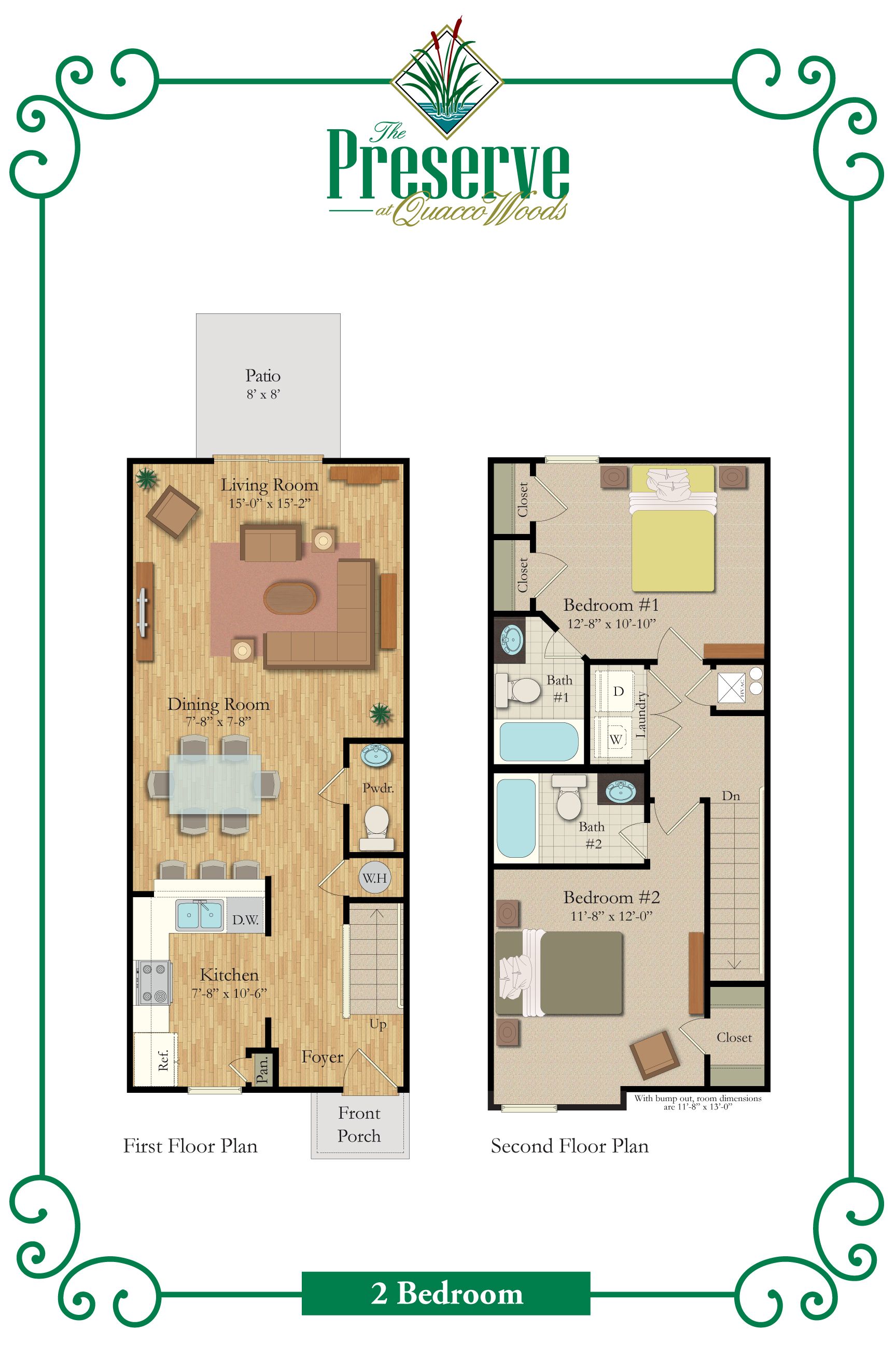 A floor plan of a house with two bedrooms and a patio.