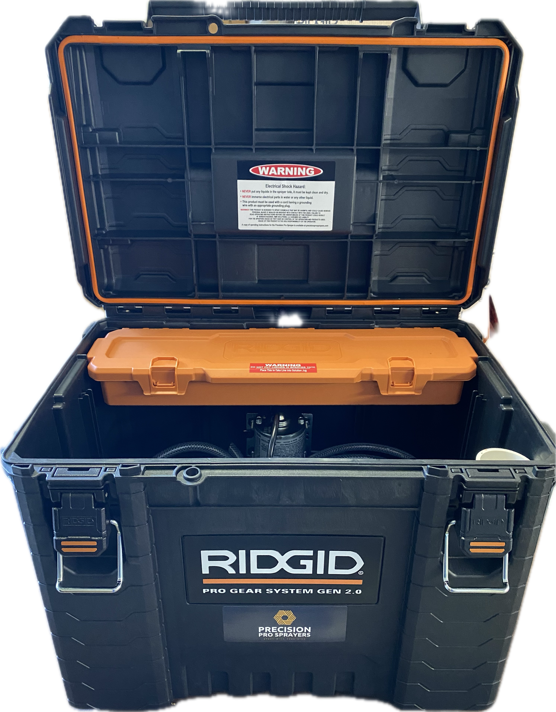 A black and orange ridgid toolbox with the lid open.
