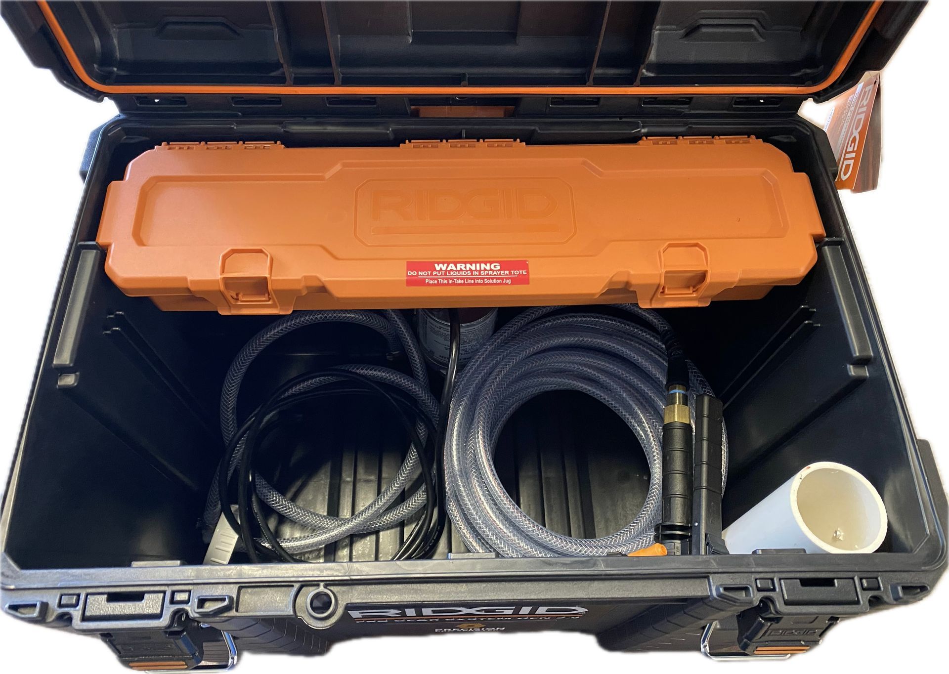A black and orange ridgid toolbox with the lid open.
