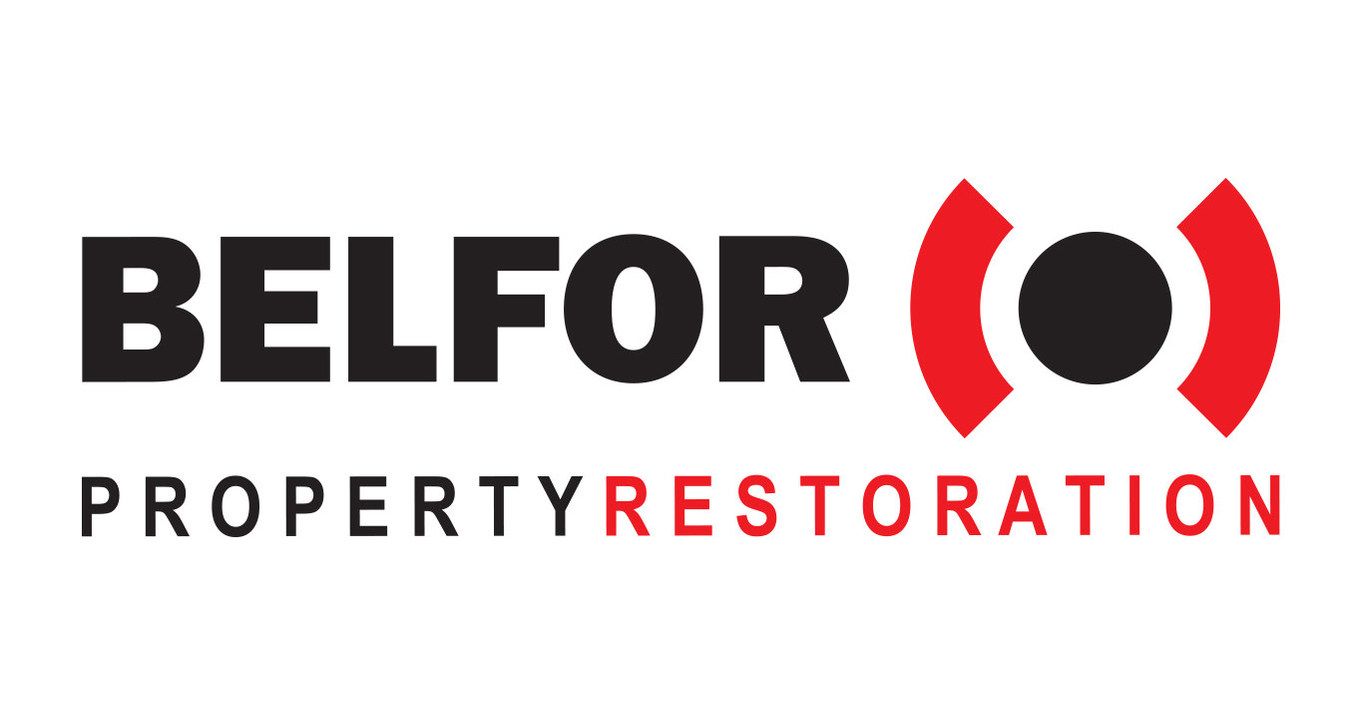 The logo for belfor property restoration is black and red.