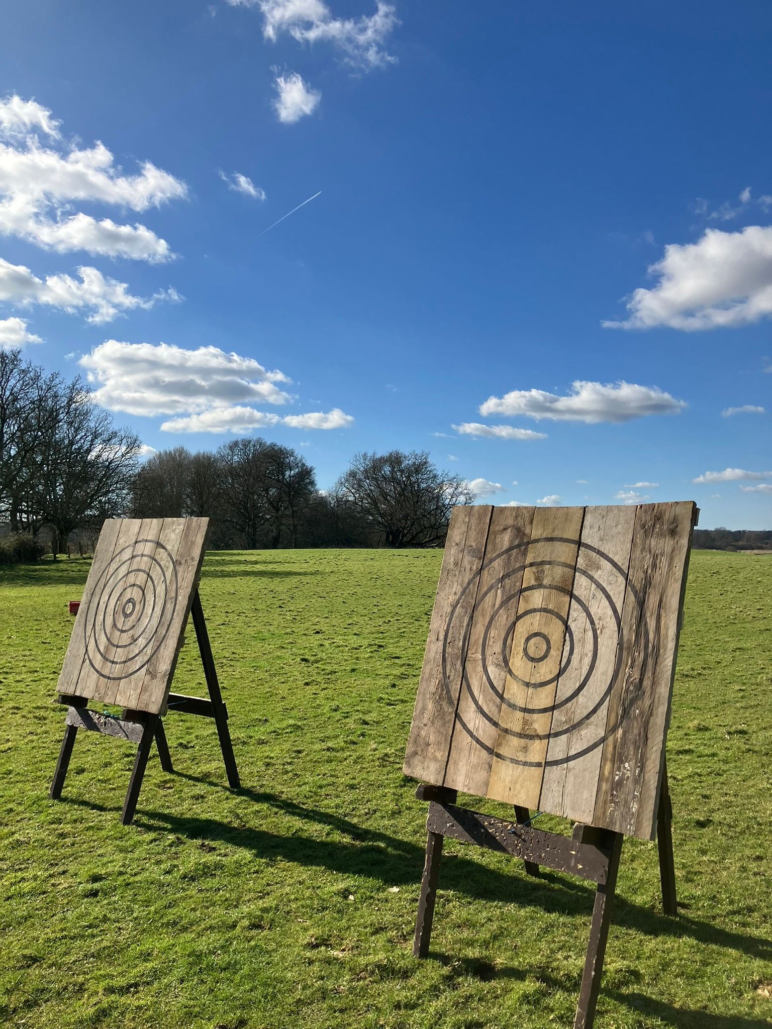 2 wooden axe throwing targets on a field.