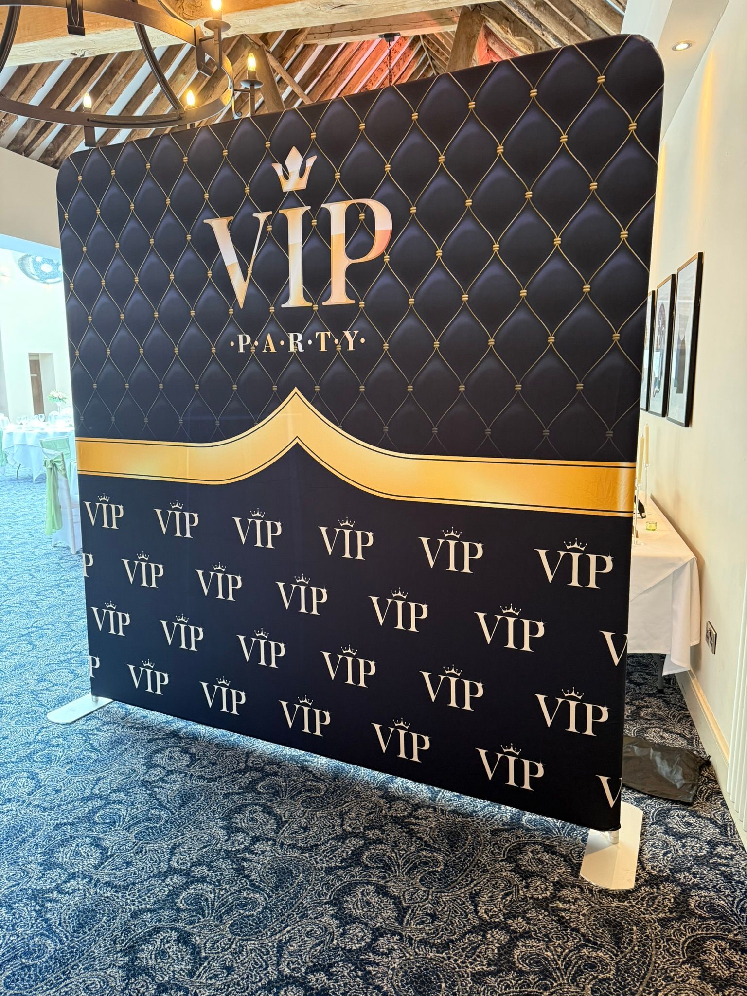 VIP design backdrop, silver writing and gold background.  8 x 8 foot in size.