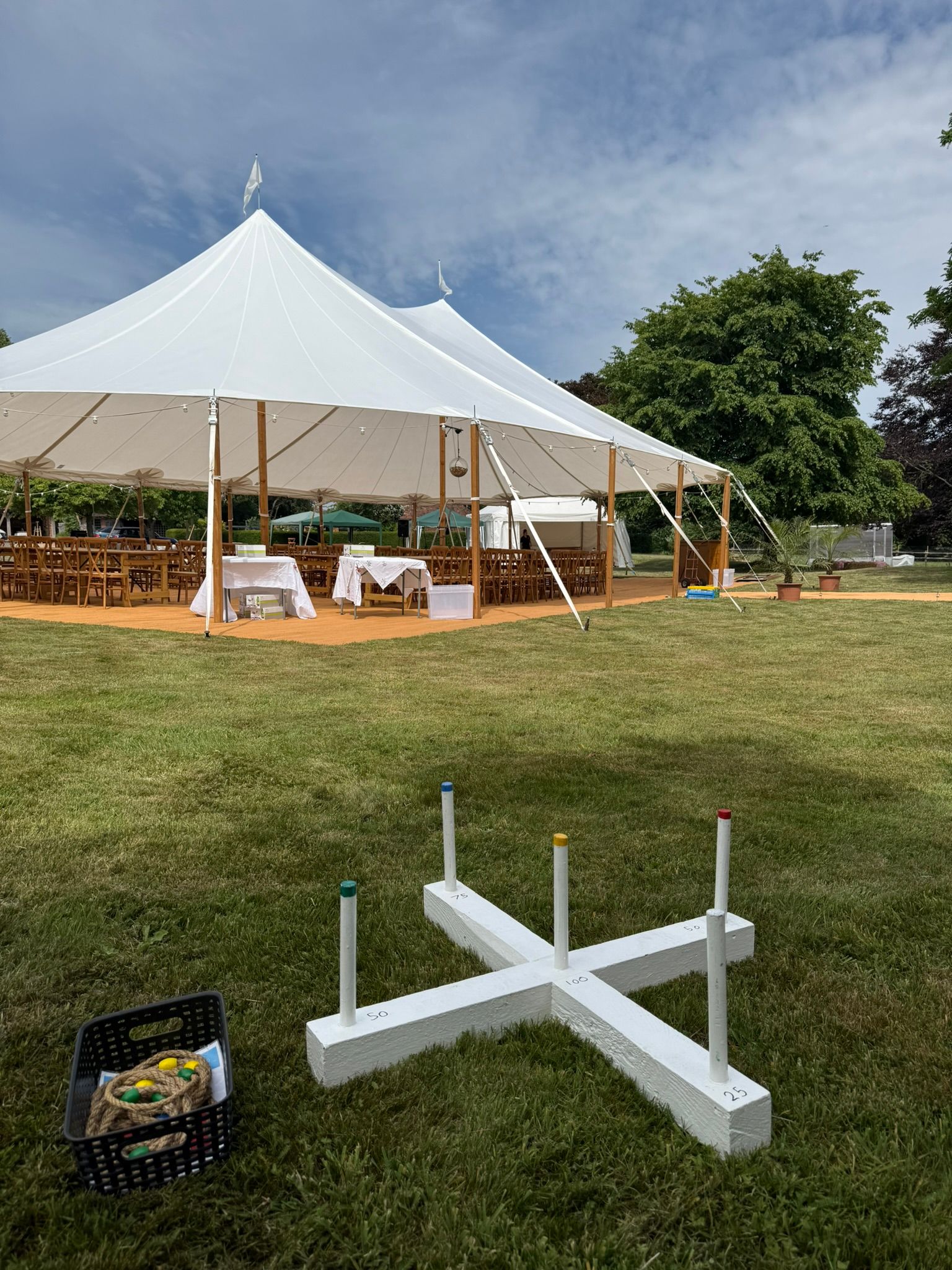 Various lawn games in a room for a birthday party