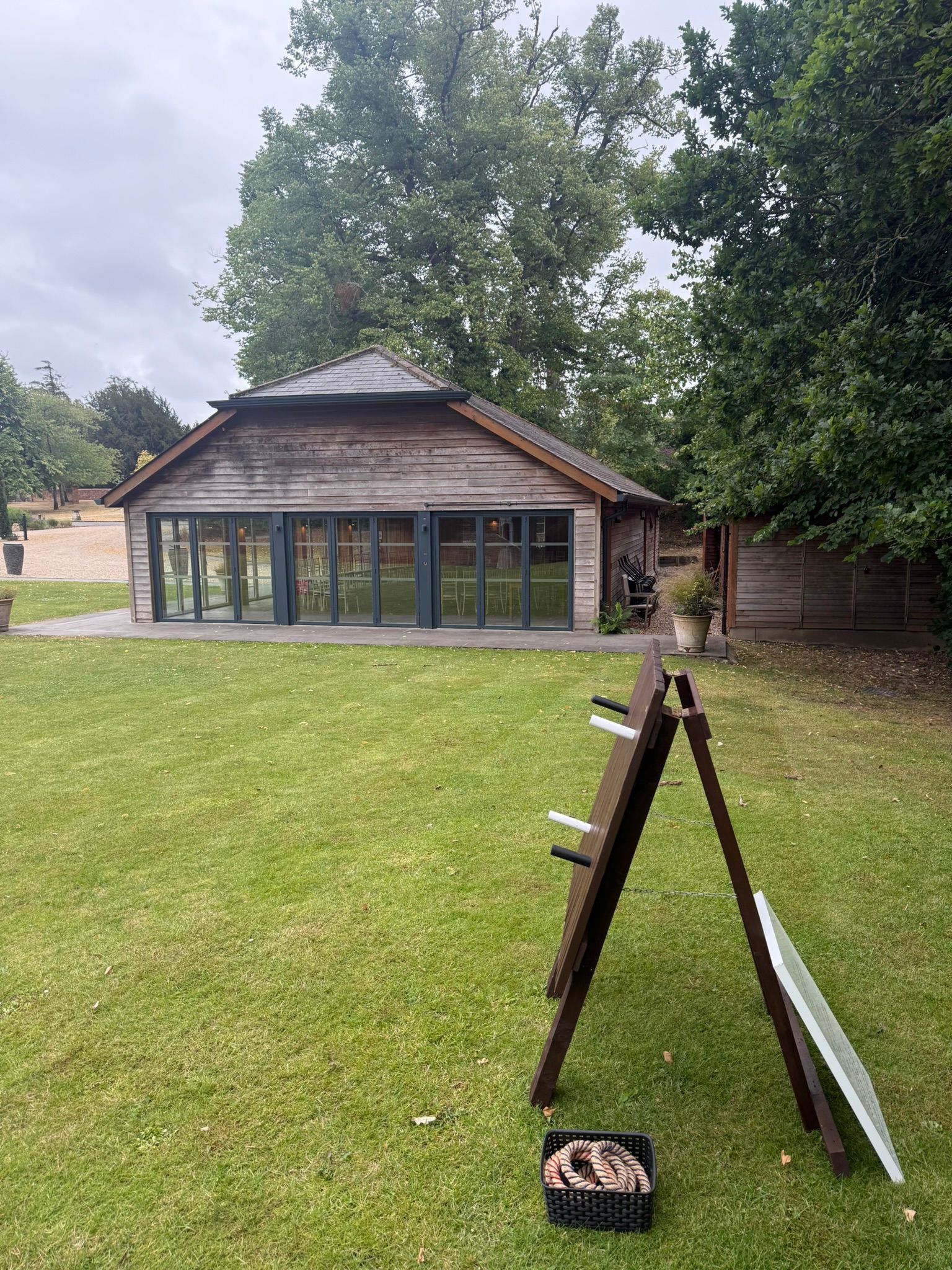 Quoits lawn game set up at a hotel in Hampshire on grass