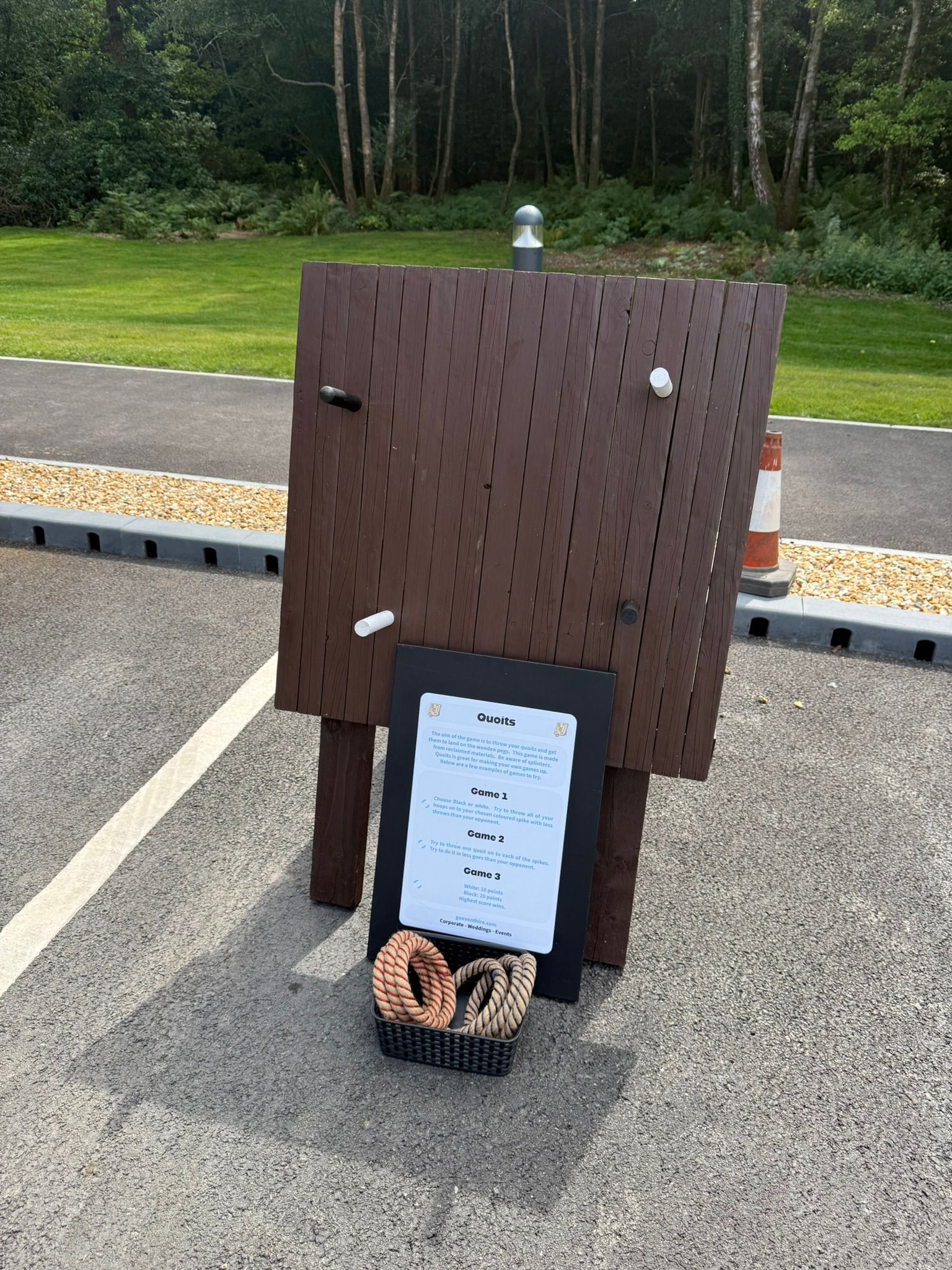 Quoits lawn game set up at a hotel in Hampshire on tarmac