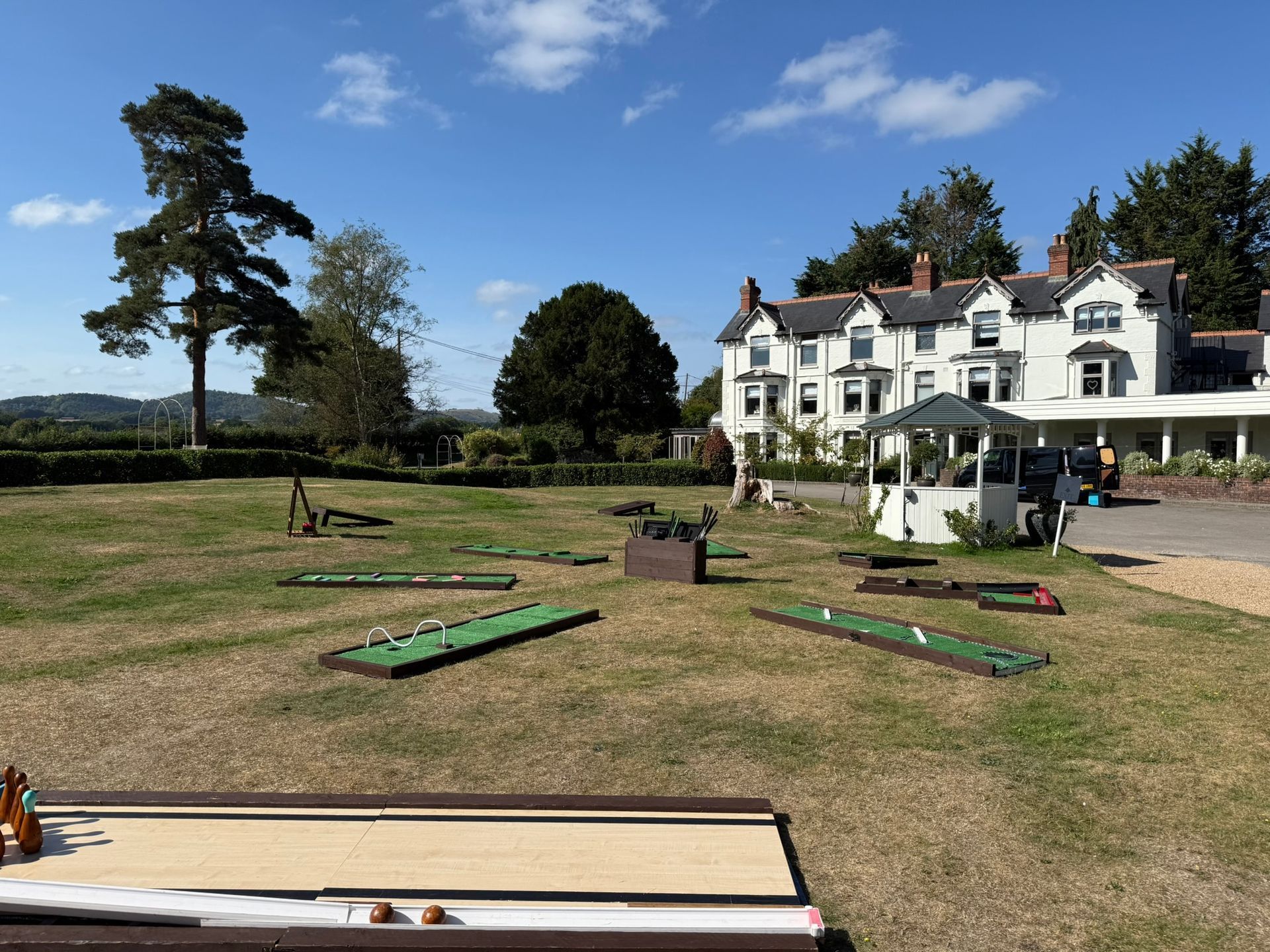 Lawn games set up on grass at Southdowns Manor hotel