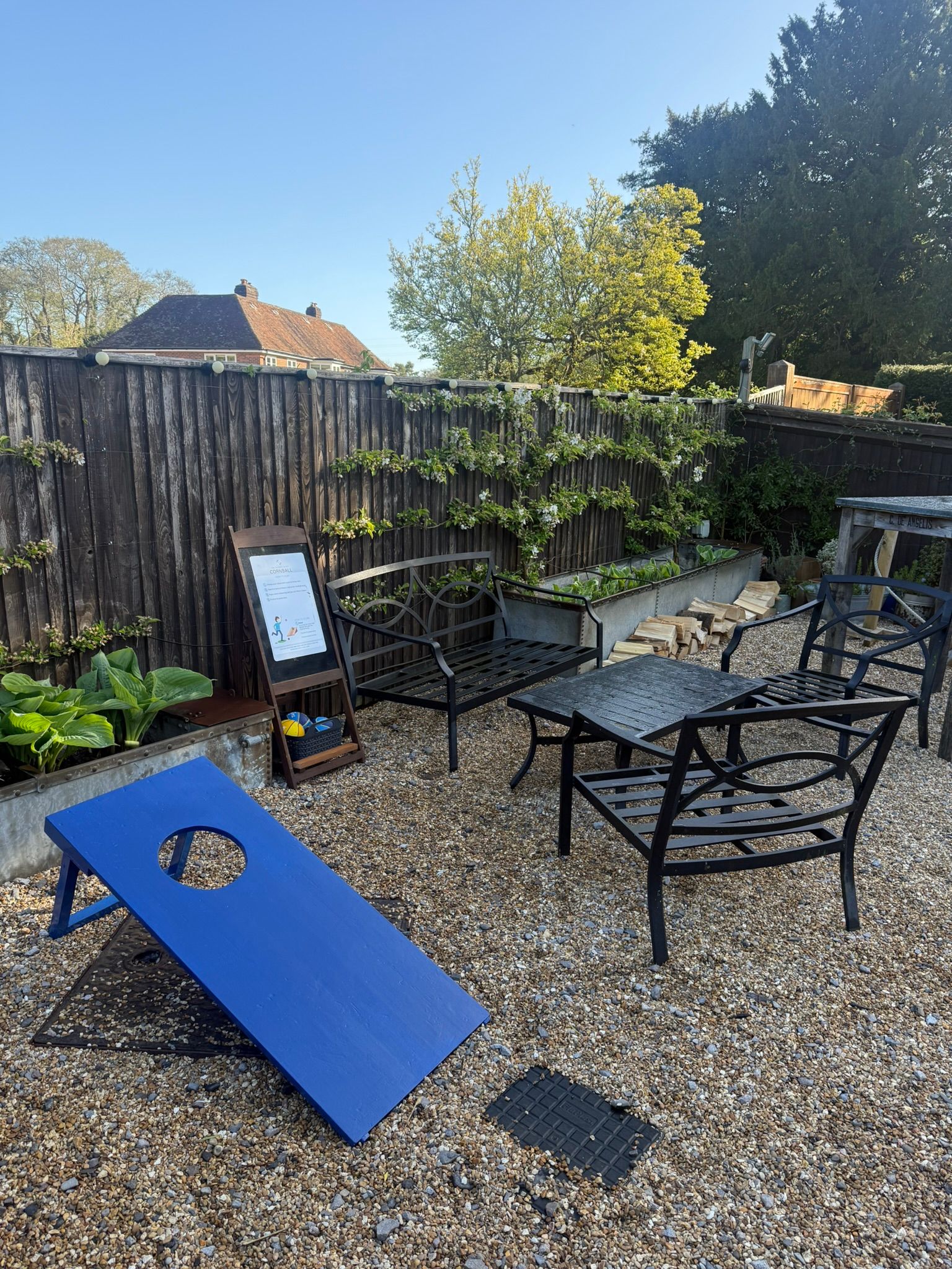 Lawn games set up on gravel at a hotel in Romsey, Hampshire.