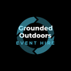 Grounded Outdoors Event Hire logo. Black background, white and blue writing, blue circle logo.