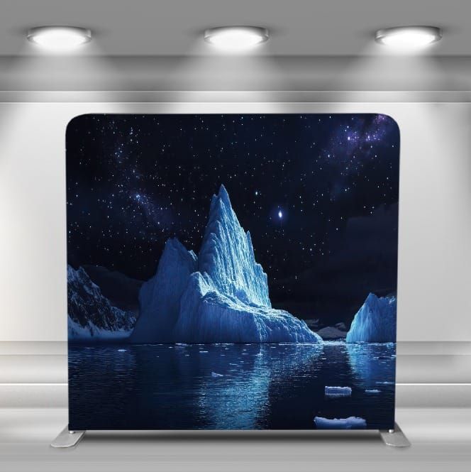 8 foot square backdrop with an image of an iceberg and stars.