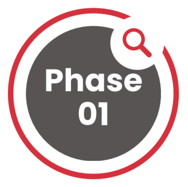 Phase 01 badge with red ring and magnifying glass icon.
