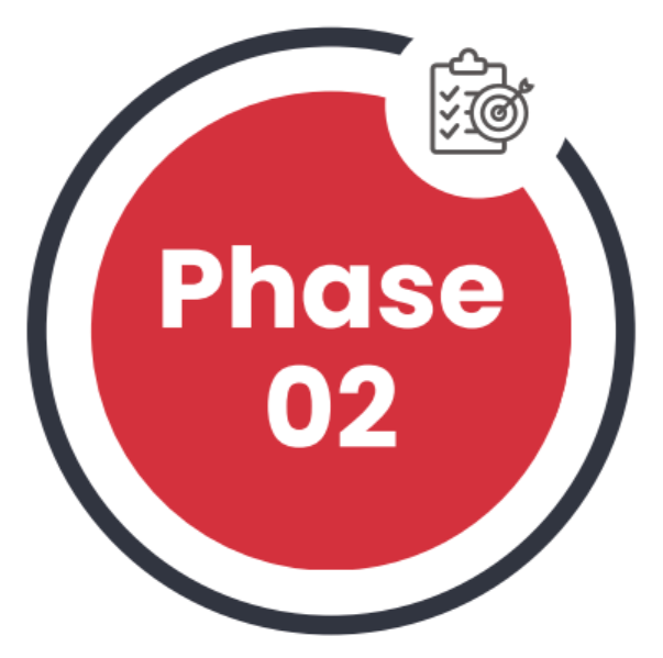 Phase 02 in a red circle with a clipboard icon and checklist.