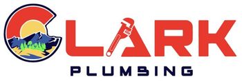 Clark Plumbing logo with red text, a blue-and-red C, and plumbing tool icon over a landscape scene