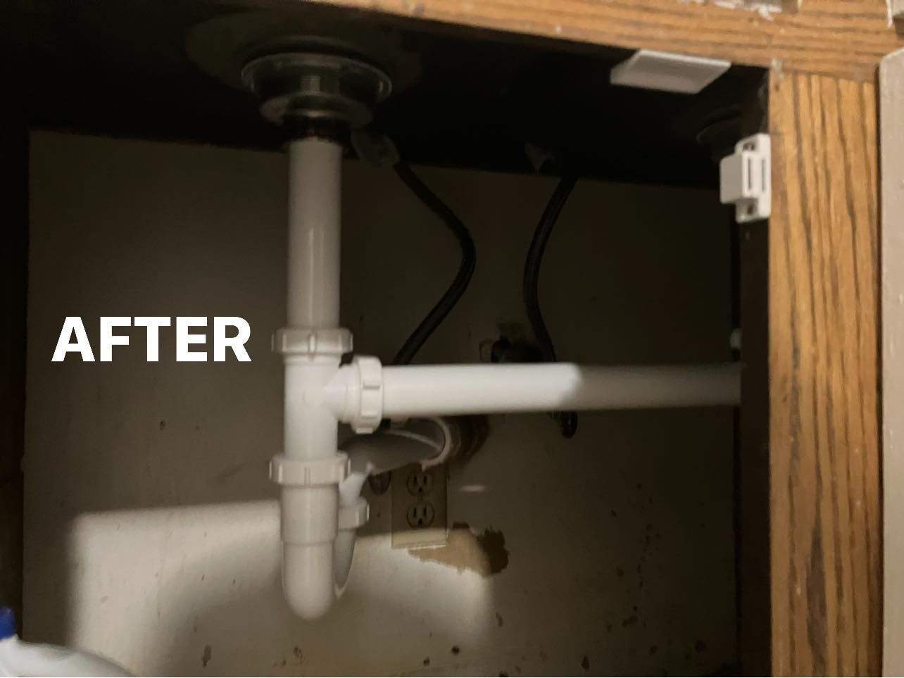 Under-sink plumbing with white PVC pipes and a drain trap, labeled “AFTER”
