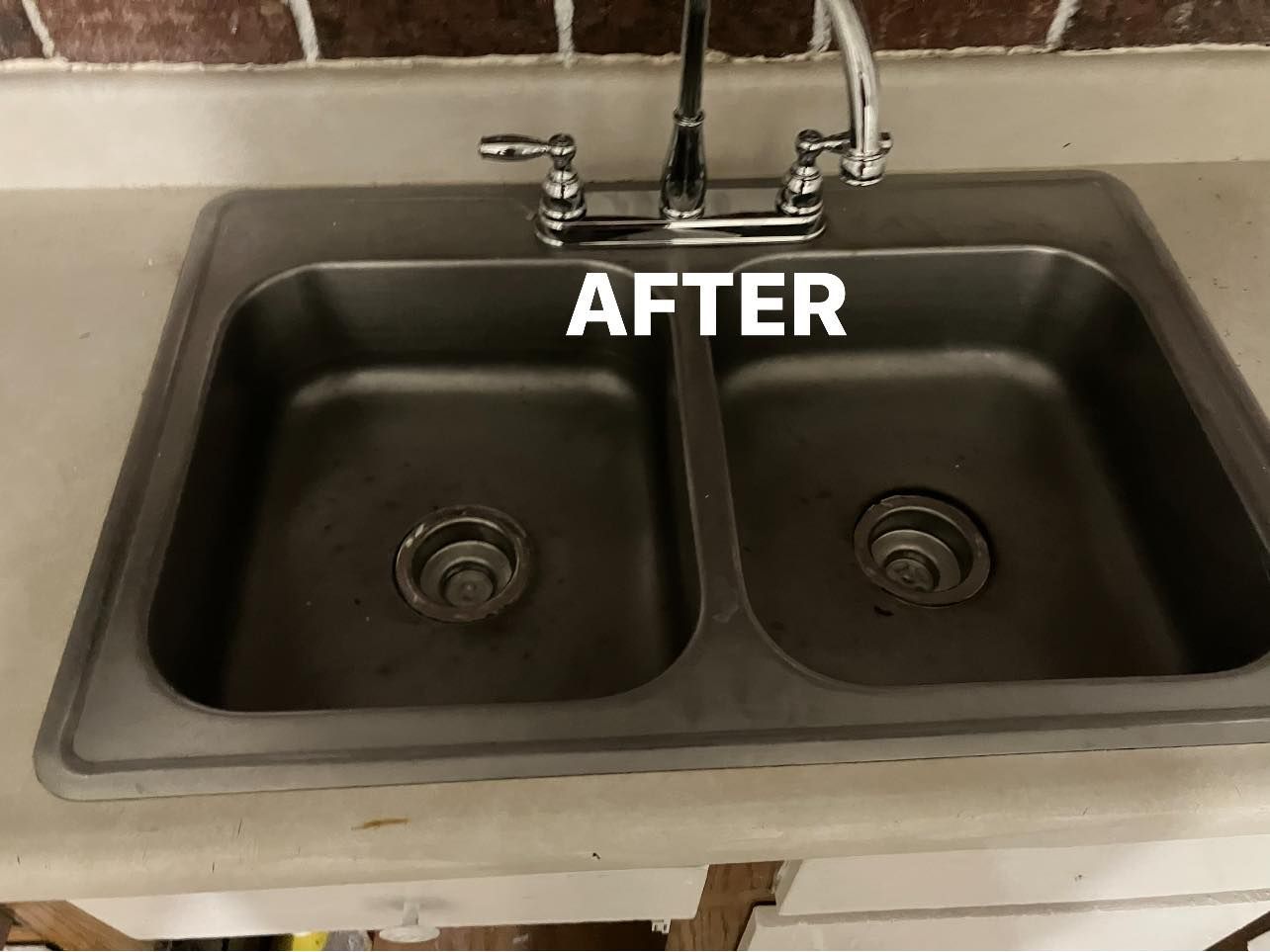 Clean stainless steel double kitchen sink with faucet, labeled “AFTER”