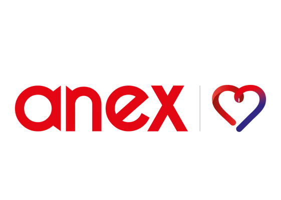 A red and white logo for anex with a heart in the middle