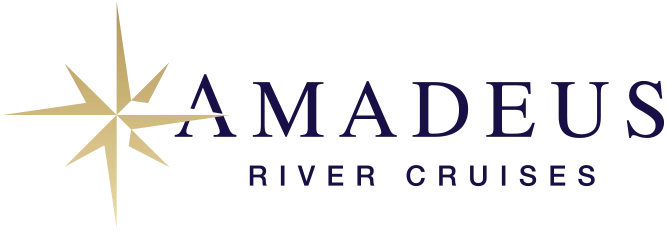 The logo for amadeus river cruises has a star on it.