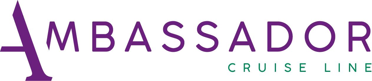 A purple and white logo for ambassador cruise line