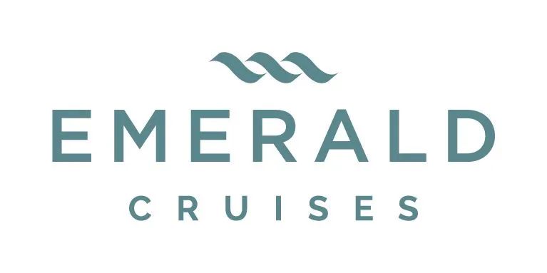 The logo for emerald cruises is a blue and white logo on a white background.