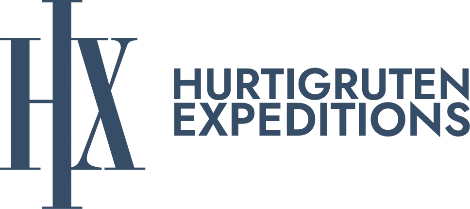 The logo for hurtigruten expeditions is blue and white.