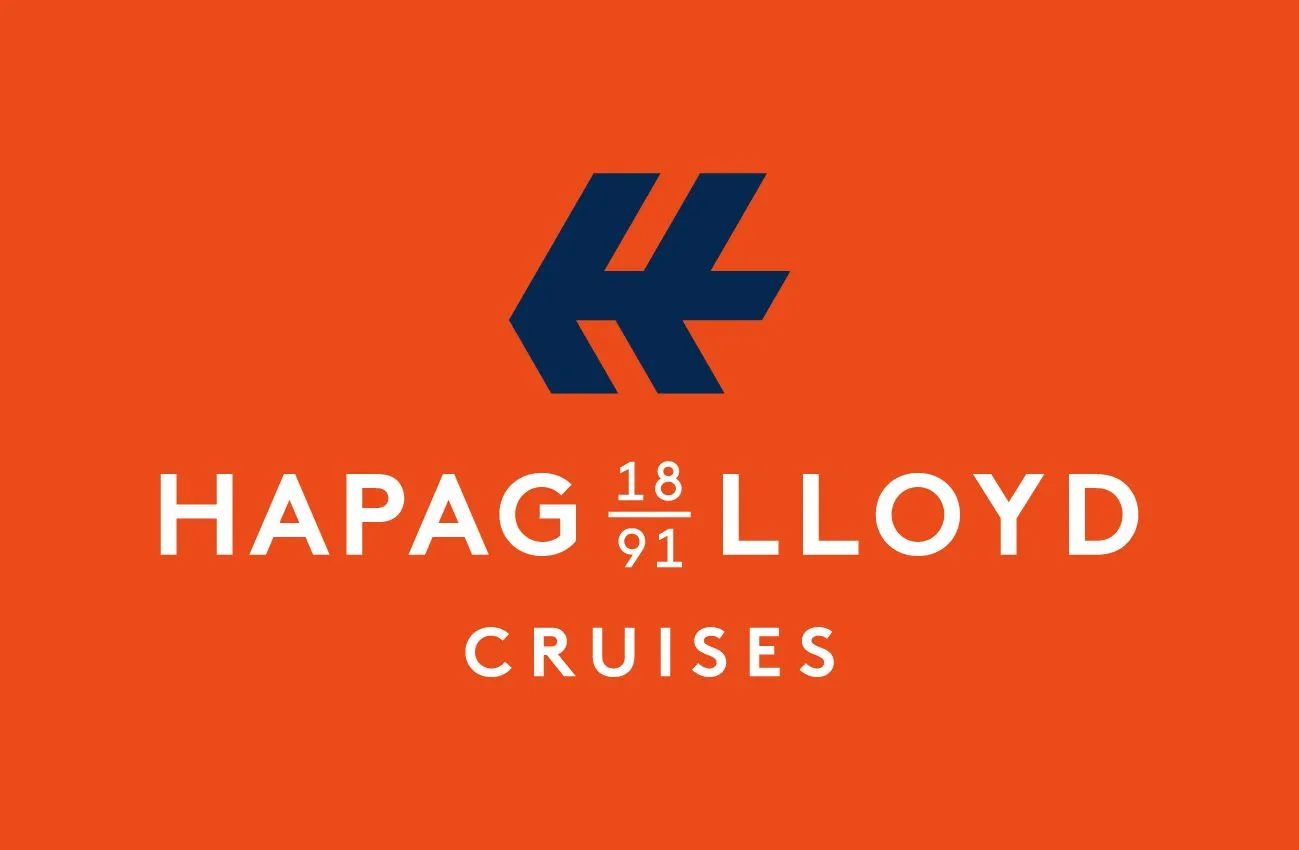 The logo for hapag lloyd cruises is on an orange background.