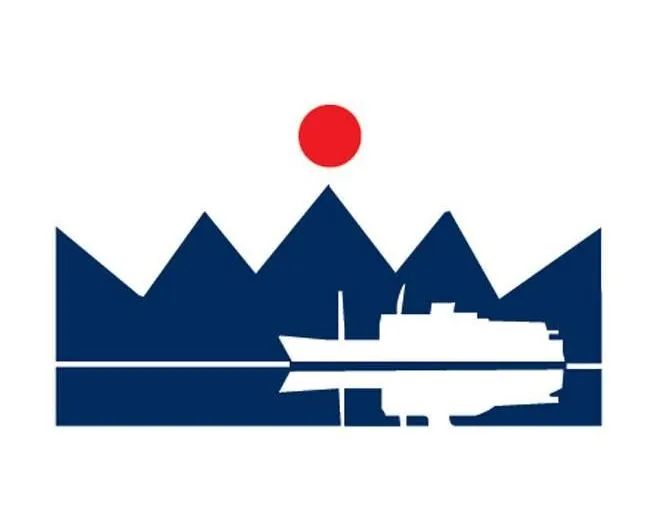 A blue and white logo with mountains and a boat