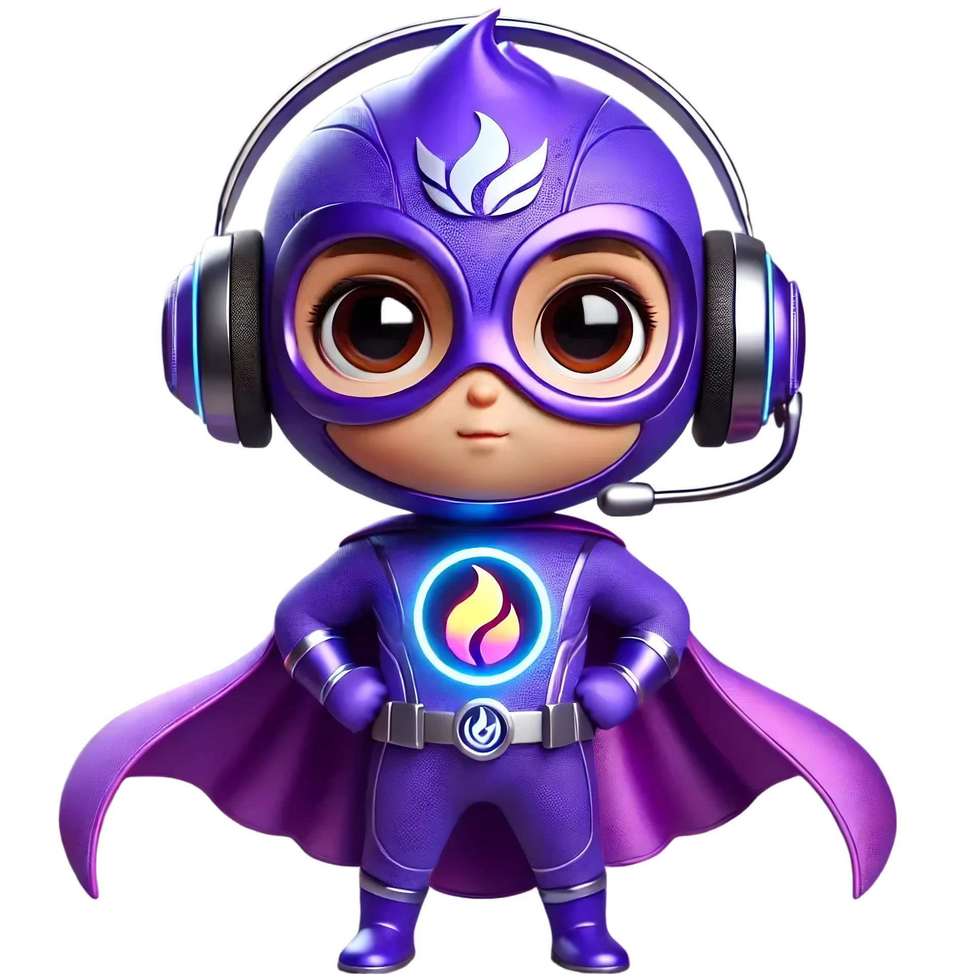 A little boy in a purple superhero costume is wearing headphones and a cape.