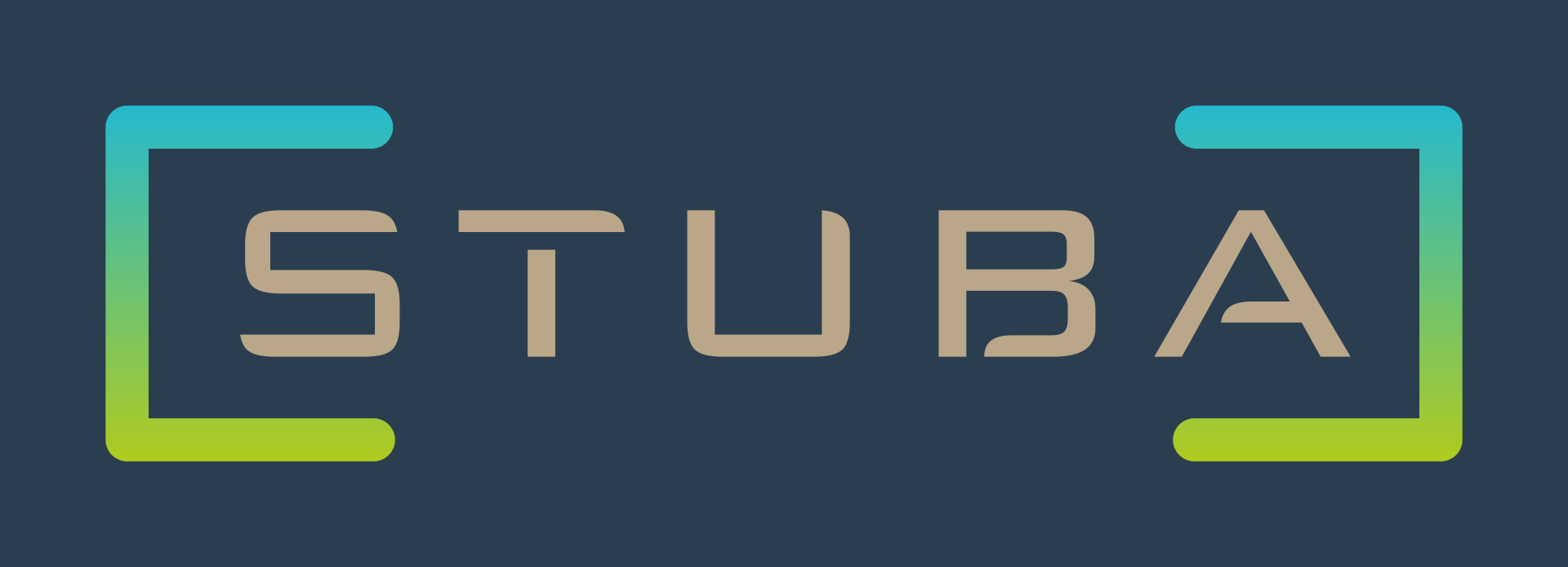 A blue and green logo for stuba on a blue background