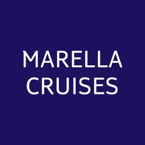 The logo for marella cruises is on a blue background.