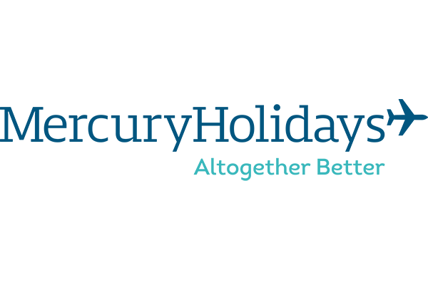 The mercury holidays logo is blue and white and says together better.