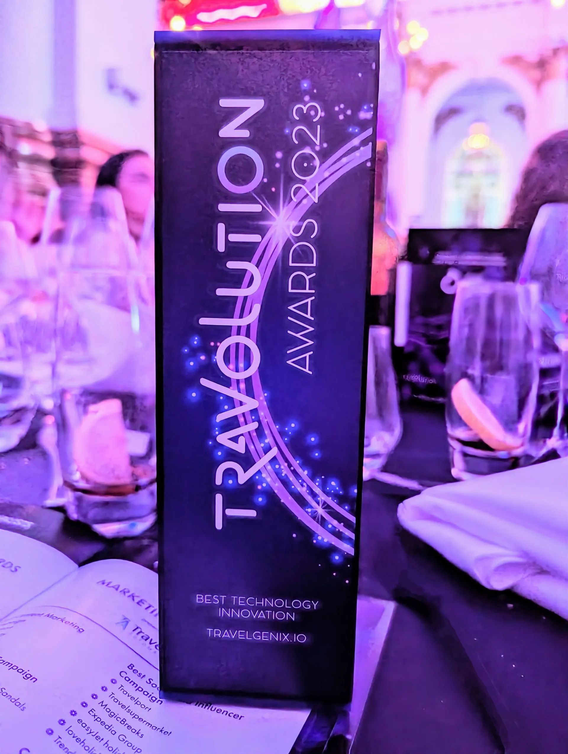 A travel awards sign is sitting on top of a table.